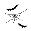 Scary spiderweb. Black cobweb, bat, spider, isolated white background. Halloween horror decoration. Spooky fear spider Royalty Free Stock Photo