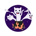 Scary spooky ghost cats fly from the pot with magic potion. Hot broth is boiling on the open fire. Halloween cartoon vector Royalty Free Stock Photo