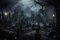 Scary spooky old graveyard at night. Halloween concept. 3D Rendering, A creepy graveyard filled with crooked tombstones and Royalty Free Stock Photo