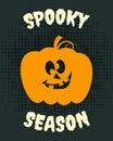 Scary and terrible pumpkin face and Spooky Season text on dark background. Halloween print vector