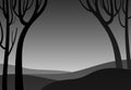 Scary trees with hills black and white, dark scary nature background,