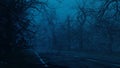 Scary trees at night near forest road. Mystical eerie forest landscape in fog, moonlight. 3d render Royalty Free Stock Photo