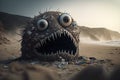 Scary ugly monster made of garbage lies on a dirty beach, created with Generative AI technology