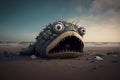 Scary ugly monster made of garbage lies on a dirty beach, created with Generative AI technology