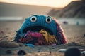 Scary ugly monster made of plastic garbage lies on a beach, , created with Generative AI technology