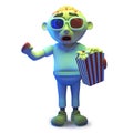 Scary undead zombie monste wearing 3d glasses and eating popcorn, 3d illustration