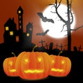 Scary vector haloween landscape with haunted house, graveyard and carved pumpkins in full moon. Royalty Free Stock Photo