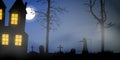 Scary vector haloween landscape with haunted house, graveyard and a death with scythe in full moon.