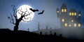 Scary vector haloween landscape with a haunted house, a graveyard and flying bats in full moon.