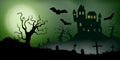 Scary vector haloween landscape with a haunted house, a graveyard and flying bats in full moon