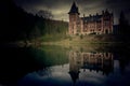 Scary view of a castle with a lake and reflection in the forest