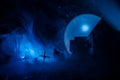 Scary view of zombies at cemetery dead tree, moon, church and spooky cloudy sky with fog, Horror Halloween concept