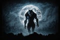 scary werewolf standing on moonlit night, with full moon shining behind him