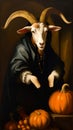 Scary white goat with huge horns and pumpkins Royalty Free Stock Photo