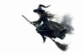 Scary witch flying on a broomstick with a transparent white background