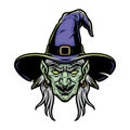 Scary witch head in purple hat