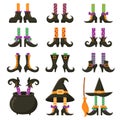 Scary Witch Legs. Halloween Witches Leg Stockings And Striped Dress. Vintage Witchcraft Cauldron And Feet Boots Cartoon