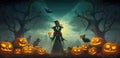 Scary witch standing by lighted pumpkins at Halloween night in countryside surrounded by bats and other monsters. Cartoon