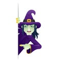 Scary witch support help consultation advice promotion looking out corner character halloween solution cartoon design