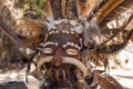 Scary wooden mask of asian totem. Head of ritual sculpture. Ancient religious mask with feathers.