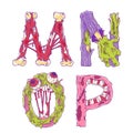 Scary zobmie cartoon letters M, N, O, P for Halloween decor