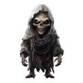 Scary zombie in a black cloak with a scary skull face and long claws on his hands. Risen from the dead. Halloween evil character