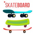 Scateboard Set Vector. Skate Park. Extreme Summer Activity. Isolated Cartoon Illustration