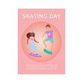 Scating day poster with teenager boy and girl skating on skateboard pink vector illustration.