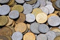 A scatter of coins 1, 5, 10 Russian kopecks. Royalty Free Stock Photo