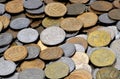 A scatter of coins 1, 5, 10 Russian kopecks. Royalty Free Stock Photo