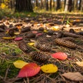 Are scattered across the forest floor, surrounded by a bed of Royalty Free Stock Photo