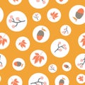 Scattered autumn elements in polka dots seamless vector background. Abstract fall pattern. Repeating texture Scandi