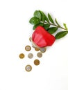 Scattered Belarusian coins from a red leather purse on a white background. Royalty Free Stock Photo