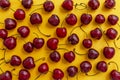 Scattered berries of ripe cherries on a bright yellow background. Top view. Seasonal Vitamins Royalty Free Stock Photo
