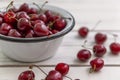 Scattered berries of ripe cherries on a light wooden background and in a bowl. Top view. Seasonal Vitamins Royalty Free Stock Photo