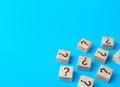 Scattered blocks with a question mark. Lots of unknown facts. Analytics and analysis of information. Curiosity, exploration. Royalty Free Stock Photo