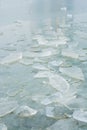 Scattered blue ice on frozen lake.