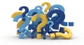 Scattered blue and yellow 3D question marks of varying sizes on a clean white background representing uncertainty and problem Royalty Free Stock Photo