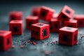 scattered bright red cubes on a dark grey surface. symbolizing a computer virus infection or software bugs. Royalty Free Stock Photo