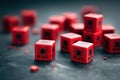 scattered bright red cubes on a dark grey surface. symbolizing a computer virus infection or software bugs. Royalty Free Stock Photo