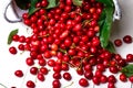 Scattered cherry from basket. Cherries in basket on white background. Healthy, summer fruit. Cherries. Close up.