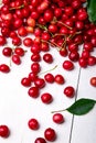 Scattered cherry from basket. Cherries in basket on white background. Healthy, summer fruit. Cherries. Close up.