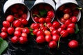 Scattered cherry from enamel cups. Cherries in iron cup on black background. Healthy, summer fruit. Cherries. Three. Close up. Royalty Free Stock Photo