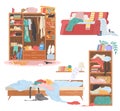 Scattered clothes, female stuff in wardrobe, in bookcase, on sofa, on bed, vector isolated illustration. Mess, disorder. Royalty Free Stock Photo