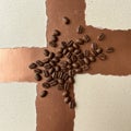 Scattered coffee beans on a textured surface feature atop a background divided into Royalty Free Stock Photo