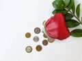 Scattered coins from a red leather purse on a metal lock against the background of green leaves and white background Royalty Free Stock Photo