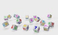 Scattered colorful dice of your choice, bulb idea, exclamation point or question mark on isolated background