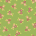 Scattered ditsy flowers green pink coral seamless vector pattern. Small folk florals repeating background. Coordinate for my