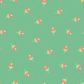 Scattered ditsy flowers green pink seamless vector pattern. Small folk florals repeating background. Scandinavian tulips
