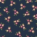 Scattered ditsy flowers seamless vector repeating background coral and pink on blue. Small folk florals pattern. Coordinate for my
